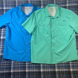 Set of 2 Eddie Bauer Mens XL Short Sleeve Fishing Shirts Blue Mint Green Ripstop